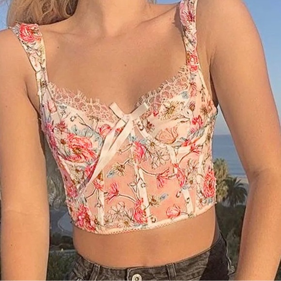 cap sleeve lace trim bow accent floral print corset top - Picture 3 of 8